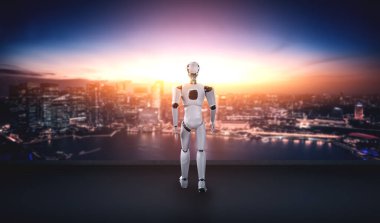 3D illüstrasyon robotu insansı şehir siluetine karşı dört gözle bekliyor