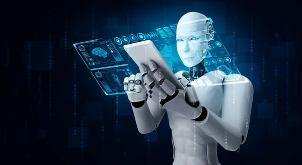 Robot umanoide utilizzare il telefono cellulare o tablet per big data analytic — Foto Stock