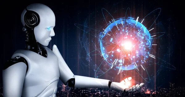 Το ρομπότ AI humanoid που κρατά την οθόνη ολογράμματος δείχνει την έννοια της παγκόσμιας επικοινωνίας — Φωτογραφία Αρχείου