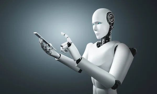 Robot humanoid use mobile phone or tablet in future office