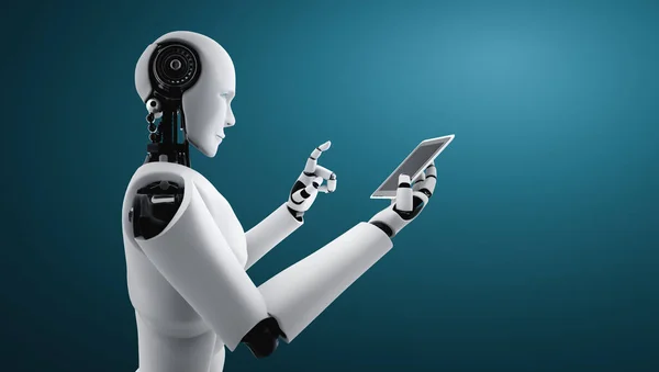 Robot humanoid use mobile phone or tablet in future office
