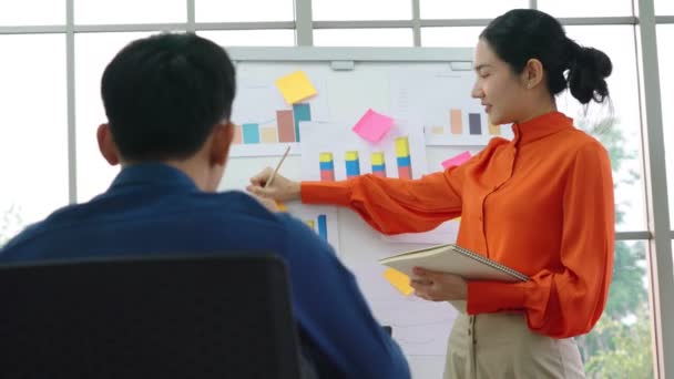 Junge Frau erklärt Geschäftsdaten auf Whiteboard — Stockvideo