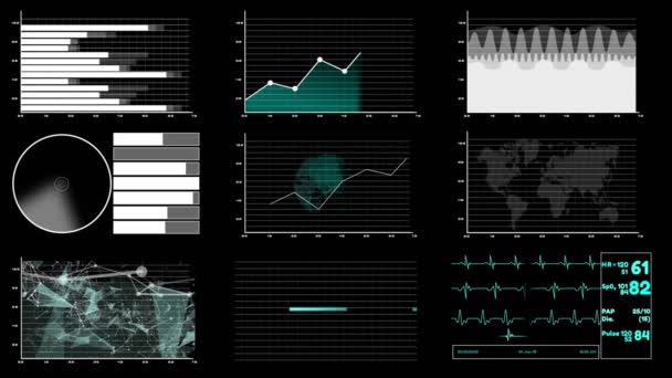 Dasbor antarmuka pengguna Futuristik untuk analisis data besar dalam grafik informasi — Stok Video