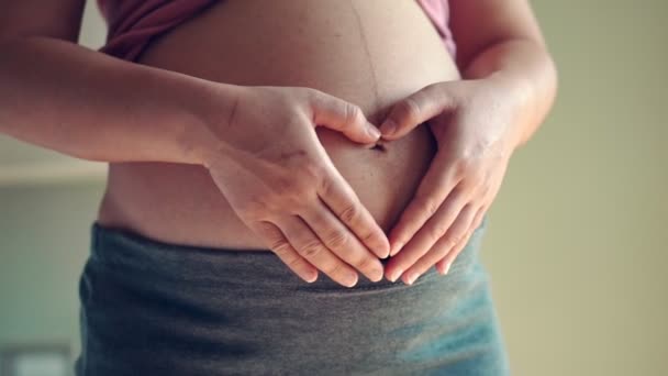 Mujer embarazada feliz y esperando un bebé en casa. — Vídeos de Stock