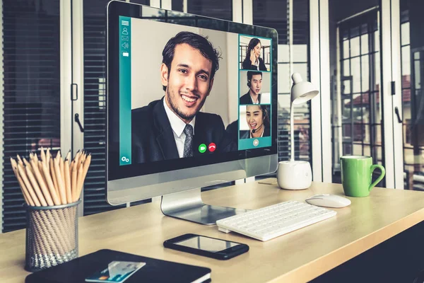 Video call business people meeting on virtual workplace or remote office — Stock Photo, Image