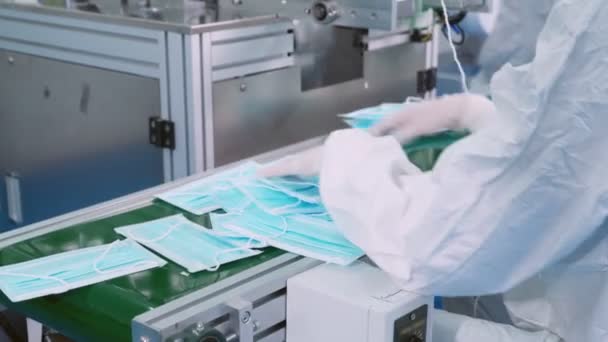 Face mask production line in modern factory — Stock Video