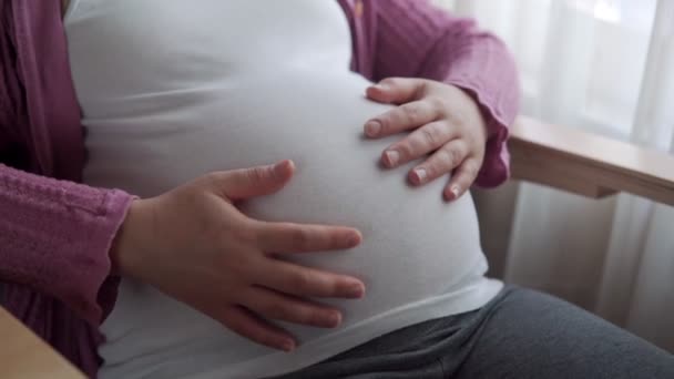 Lycklig gravid kvinna och väntar barn hemma. — Stockvideo