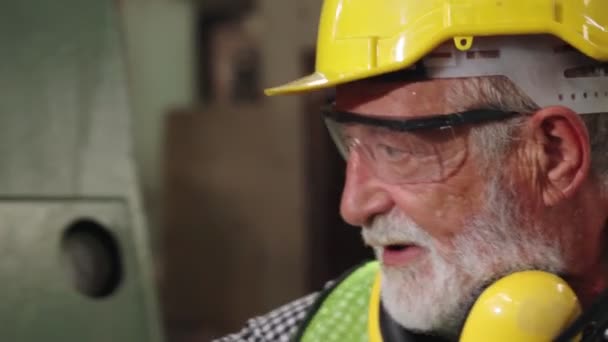 Старший працівник заводу навчає використовувати машинне обладнання на заводі — стокове відео