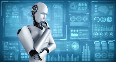 Yapay zeka robotunun hologram ekranını analiz ederek büyük veriler gösterdiğini düşünüyorum.