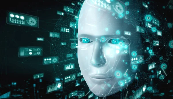 Robot humanóide rosto de perto com conceito gráfico de big data analytic — Fotografia de Stock