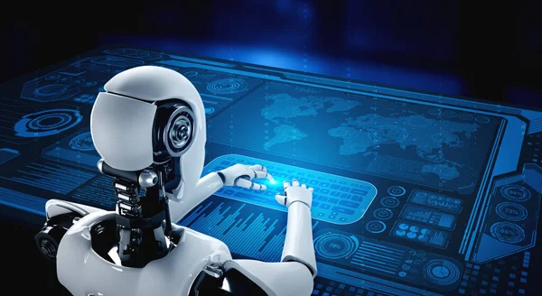 Robot humanoid používat notebook a sedět u stolu pro velké datové analytické — Stock fotografie
