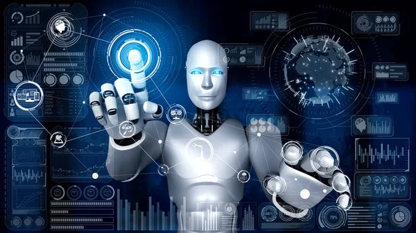 AI humanoïde robot aanraken van virtuele hologram scherm toont concept van big data — Stockfoto