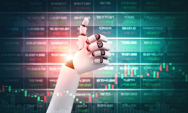Robot humanoid hands up to celebrate money investment success achieved