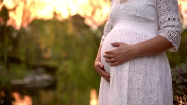 Gravid kvinna känner sig lycklig på trädgård hem. — Stockvideo