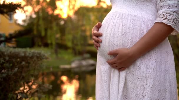 Zwangere vrouw zich gelukkig voelen in de tuin huis. — Stockvideo
