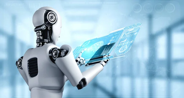 Robot humanoid pomocí tabletu počítače pro velké datové analytické — Stock fotografie