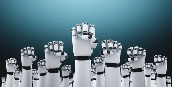 Robot humanoid hands up to celebrate success achieved by using AI