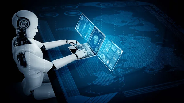 Robot humanoid używać laptopa i siedzieć przy stole do globalnego połączenia sieciowego — Zdjęcie stockowe