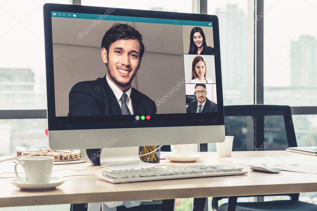Video call business people meeting on virtual workplace or remote office