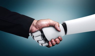 Yapay zeka, yapay zeka ve 4. Sanayi devrimi için makine öğrenme süreci ile gelecekte teknolojinin geliştirilmesi için insansı robot tokalaşması..