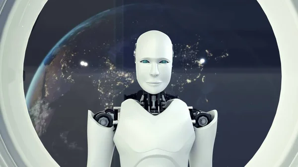 Futuristic robot, artificial intelligence CGI inside spaceship in space universe