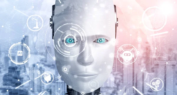Cara Humanoide Robot Cerca Con Concepto Gráfico Cerebro Pensamiento Inteligencia —  Fotos de Stock