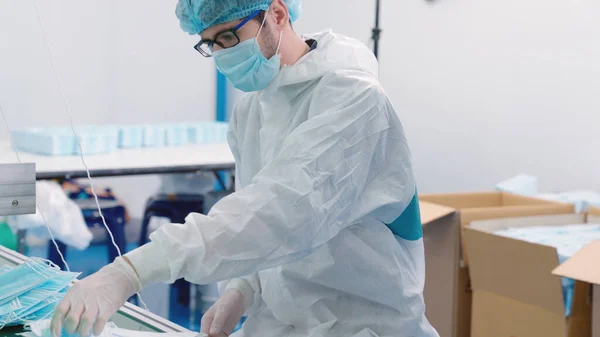 Face mask production line in modern factory