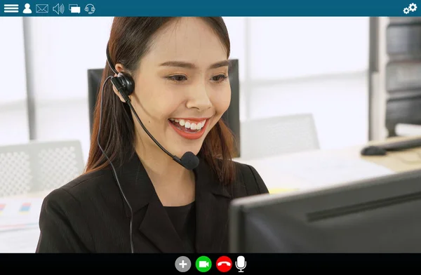 Business people meeting in video conference app on laptop monitor view