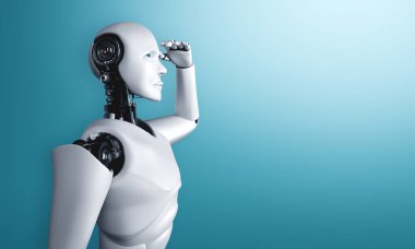 Ayakta duran insansı robot temiz bir arkaplanda ileriye bakıyor