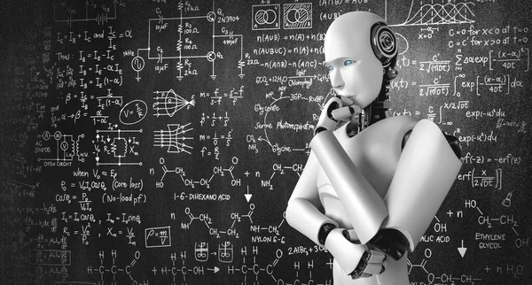Pensando AI humanoide robot analizar la pantalla de la matemática fórmula y la ciencia —  Fotos de Stock