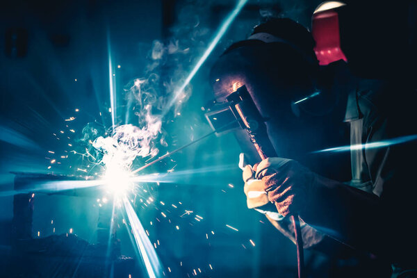 Metal welding steel works using electric arc welding machine