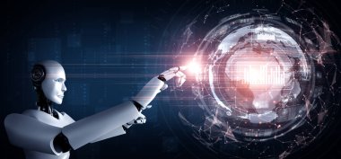 Yapay zeka robotu büyük veri kavramını gösteren sanal hologram ekranına dokunuyor