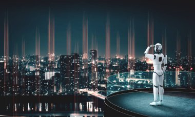 3D illüstrasyon robotu insansı şehir siluetine karşı dört gözle bekliyor