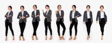 Aynı Asyalı kadının farklı pozları. Tam vücut portre seti.