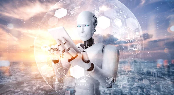 Robot humanoïde utiliser un téléphone mobile ou une tablette pour la connexion réseau mondiale — Photo