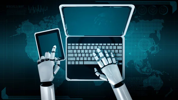 Robot humanoid use laptop and sit at table for global network connection — Stock Photo, Image