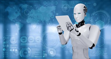 Büyük veri analizi için tablet bilgisayar kullanan robot insanımsı