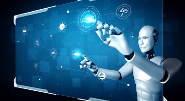 Yapay zeka robotu büyük veri kavramını gösteren sanal hologram ekranına dokunuyor