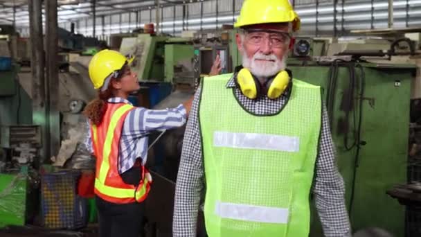 Starší tovární dělník nebo inženýr zblízka portrét v továrně — Stock video