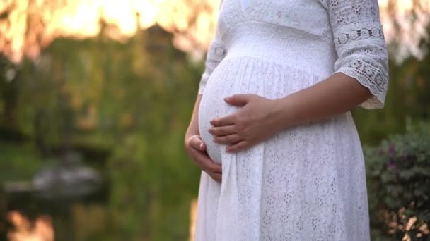 Zwangere vrouw zich gelukkig voelen in de tuin huis. — Stockvideo