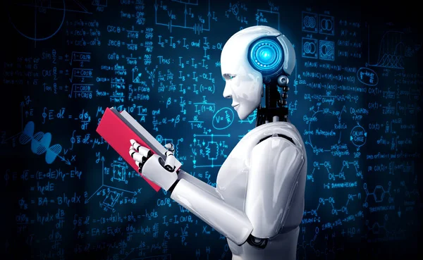 3D ilustracja robot humanoid czytania książki i rozwiązywania matematyki — Zdjęcie stockowe