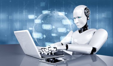 Yapay zeka robotu müşteriyle sohbet etmek için bilgisayarı kullanıyor. Sohbet robotu kavramı