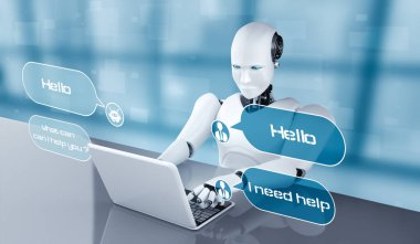 Yapay zeka robotu müşteriyle sohbet etmek için bilgisayarı kullanıyor. Sohbet robotu kavramı