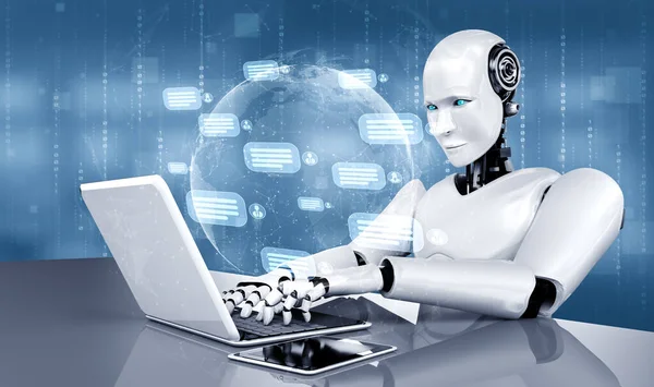 AI robot using computer to chat with customer. Concept of chat bot — Stock Photo, Image