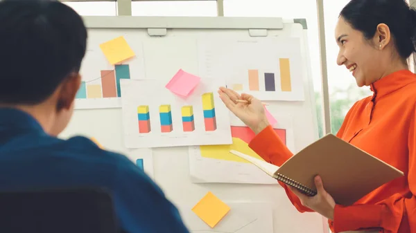 Young woman explains business data on white board — Stock Photo, Image