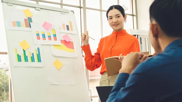 Young woman explains business data on white board — Stock Photo, Image