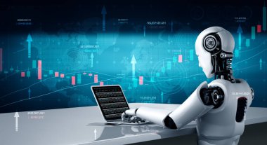 Makine öğrenimi kullanan yapay zeka robotu tarafından kontrol edilen gelecekteki finansal teknoloji
