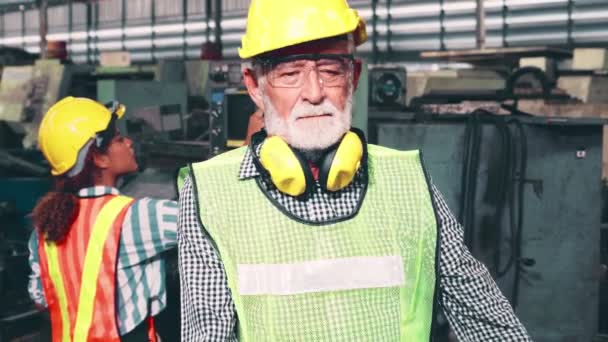 Senior factory worker or engineer close up portrait in factory — Stock Video