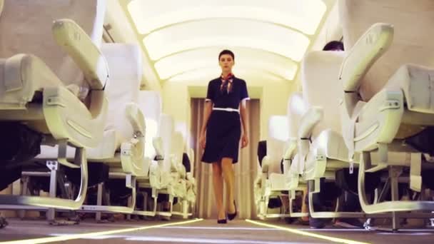 机舱乘务员在夜间飞行时乘坐飞机 — 图库视频影像