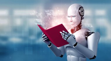 Robot insansı kitap okuma ve matematik çözmenin 3 boyutlu çizimi